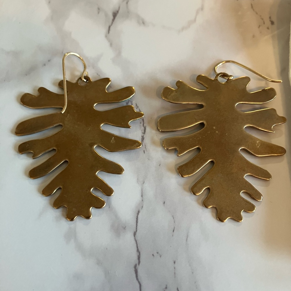 Philodendron large bronze earrings by Mimosa Handcrafted